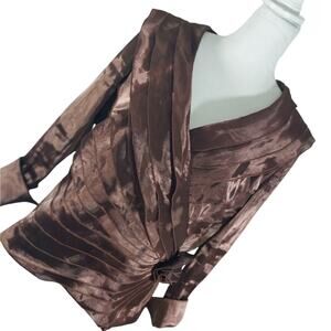 CACHET! STUNNING COCOA BROWN SATIN TIERED/RUFFLED/ROSE FORMAL BLOUSE! SZ 14